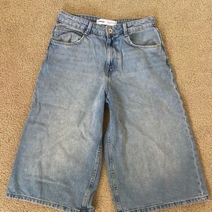 Bershka Light Blue Denim Wide-Leg Shorts